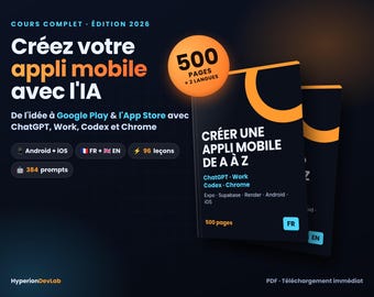 Crea un'app mobile con intelligenza artificiale – libro digitale di 500 pagine (francese + inglese) – ChatGPT, Codex, Expo, Supabase, Android e iPhone