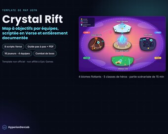 Modello di mappa UEFN Crystal Rift – 8 script di Verse, guida alla costruzione e PDF – Mappa per squadre da 16 giocatori con boss