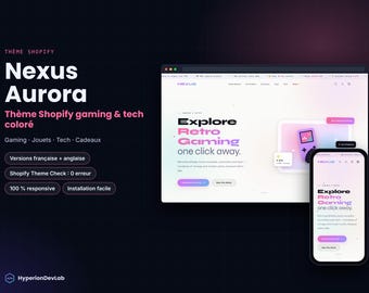 Tema Nexus per Shopify – Negozio di videogiochi, giocattoli e tecnologia – Design con sfumature colorate – Versioni in francese e inglese – Responsive