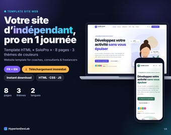 Coach & consultant website template HTML, freelancer portfolio site, booking page, pricing, blog, 3 color themes, FR/EN – SoloPro