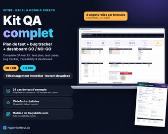 QA Test Kit Spreadsheet: Test Plan, Test Cases, Bug Tracker, Traceability Matrix, Dashboard, ISTQB, Excel Google Sheets