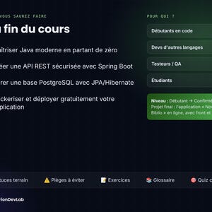 Pu&ograve; includere: Una panoramica di un corso su sfondo scuro intitolata &Agrave; la fin du cours, che elenca obiettivi come padroneggiare Java, creare API REST con Spring Boot, gestire PostgreSQL e distribuire applicazioni. Include il pubblico di destinazione e i dettagli del progetto.