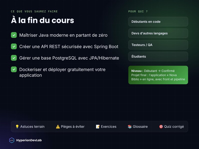Pu&ograve; includere: Una panoramica di un corso su sfondo scuro intitolata &Agrave; la fin du cours, che elenca obiettivi come padroneggiare Java, creare API REST con Spring Boot, gestire PostgreSQL e distribuire applicazioni. Include il pubblico di destinazione e i dettagli del progetto.