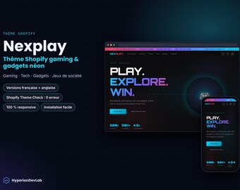 Tema Shopify Nexplay – Negozio di videogiochi, tecnologia e gadget – Design neon scuro – Versioni francese e inglese – Responsive