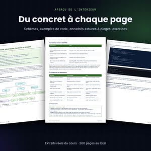 Pu&ograve; includere: Tre pagine bianche di un libro di programmazione tecnica con testo nero, intestazioni verdi e diagrammi. Le pagine mostrano frammenti di codice, tabelle e grafici strutturali. Il testo in alto recita "APER&Ccedil;U DE L'INT&Eacute;RIEUR" e "Du concret &agrave; chaque page".