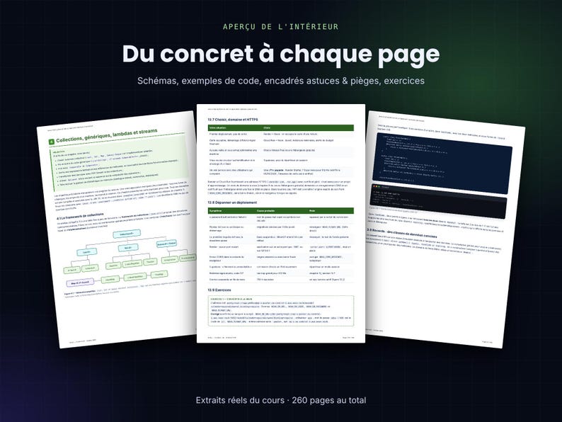 Pu&ograve; includere: Tre pagine bianche di un libro di programmazione tecnica con testo nero, intestazioni verdi e diagrammi. Le pagine mostrano frammenti di codice, tabelle e grafici strutturali. Il testo in alto recita "APER&Ccedil;U DE L'INT&Eacute;RIEUR" e "Du concret &agrave; chaque page".