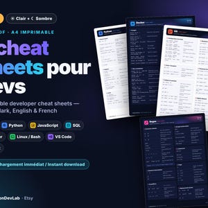 8 Printable Developer Cheat Sheets – Git, Python, JavaScript, SQL, Docker, Linux Bash, VS Code, Regex – Light & Dark PDF