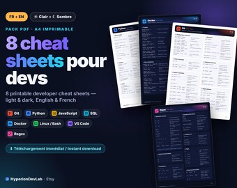 8 fogli riassuntivi stampabili per sviluppatori: Git, Python, JavaScript, SQL, Docker, Linux, scorciatoie di VS Code, espressioni regolari (Regex) - PDF chiaro e scuro