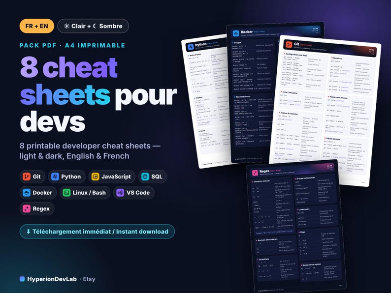 8 druckbare Entwickler-Spickzettel – Git, Python, JavaScript, SQL, Docker, Linux, VS Code-Shortcuts, Regex – Helles und dunkles PDF Bild 1