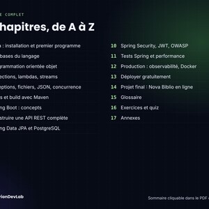 Pu&ograve; includere: Un grafico su sfondo scuro intitolato SOMMAIRE COMPLET 17 chapitres, de A &agrave; Z, che elenca diciassette argomenti di programmazione numerati dall'installazione di Java al rilascio del progetto, con il logo HyperionDevLab in basso a sinistra.