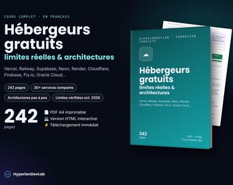 Può includere: Una copertina di libro digitale color verde acqua intitolata Hébergeurs gratuits limites réelles & architectures, con un'icona a forma di nuvola e testo che elenca Vercel, Railway, Supabase, Neon, Render, Cloudflare, Firebase, Fly.io e Oracle Cloud. 242 pagine.