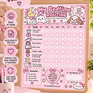 May include: A pink and white checkered bedtime routine chart featuring illustrations of a cat, a ghost, and a dog. The chart includes a task list with checkboxes for each day of the week, a section for rewards, and text including My Bedtime Routine.