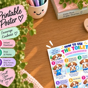 Op de afbeelding: Een kleurrijke instructieposter getiteld How to Use the Toilet met genummerde stappen en illustraties van puppy's. De poster bevat tekst zoals Good habits make happy kids en Small steps. A big achievement, met heldere afbeeldingen van een puppy die badkamerroutines demonstreert, zoals het deksel optillen, zitten, doortrekken en handen wassen.