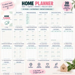 May include: A digital home planner set featuring 20 A4 printable pages with checklists for cleaning, maintenance, and organisation. The layout includes sections for home overview, weekly schedules, laundry, inventory, and projects with text labels.