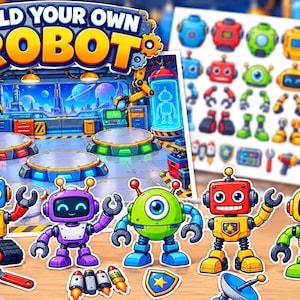 May include: A printable activity set titled Build Your Own Robot featuring a colorful illustration of a futuristic laboratory with robotic assembly stations and a sheet of various robot parts including heads, arms, legs, and accessories to assemble.