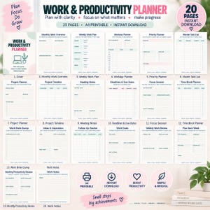 Op de afbeelding: Een digitale werk- en productiviteitsplanner-set met 20 printbare A4-pagina's. De collectie bevat sjablonen voor maandelijkse overzichten, weekplannen, projecttracking, notities voor vergaderingen en takenlijsten met een overzichtelijke lay-out.