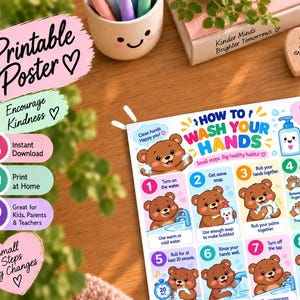 Op de afbeelding: Een printbare poster getiteld How to Wash Your Hands met een cartoonbeer die acht stappen voor handhygiëne demonstreert. De kleurrijke kaart bevat genummerde instructies, tekst en illustraties van een zeepdispenser, zeepbellen en een beer.