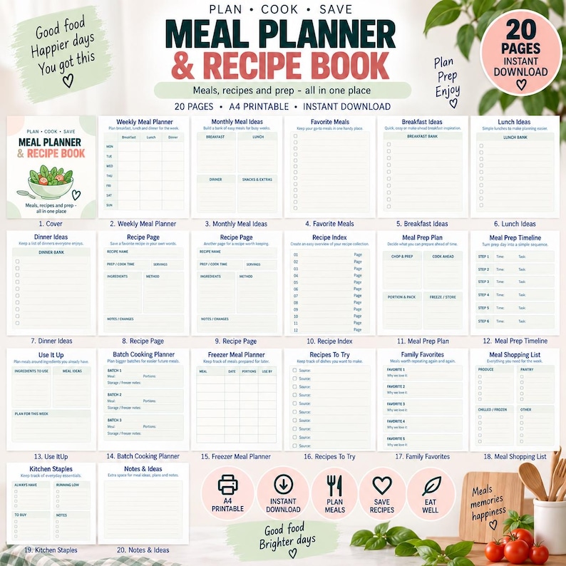 Meal Planner & Recipe Book Printable | 20 Page Weekly Meal Planner ...