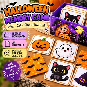Könnte beinhalten: Ein Halloween-Memory-Spiel mit quadratischen Karten, die einen Kürbis, ein Gespenst, eine schwarze Katze und Fledermäuse zeigen. Die lila Schachtel zeigt eine Figur mit Hexenhut. Text: HALLOWEEN MEMORY GAME, Print, Cut, Play, Have Fun, INSTANT DOWNLOAD, A4 PRINTABLE, PERFECT FOR KIDS AGES 3-6, Little moments big memories.