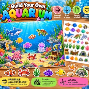 Op de afbeelding: Een printbare aquarium speelset met een kleurrijke onderwaterscène met een haai, schildpad, octopus, krab en diverse vissen. De set bevat twee pagina's met uitknipbare zeedieren, koraal en een schatkist voor creatief spel.