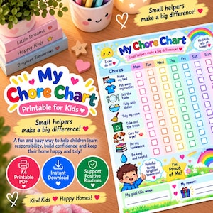 Op de afbeelding: Een kleurrijke printbare takenkaart voor kinderen met de tekst My Chore Chart, Small helpers make a big difference, en secties voor dagelijkse klusjes zoals bedden opmaken, tafel dekken en huiswerk, met iconen en een regenboog.