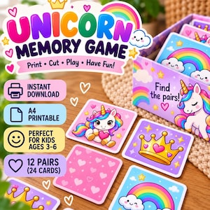 Op de afbeelding: Een eenhoorn-geheugenspel met vierkante kaarten voorzien van illustraties van eenhoorns, regenbogen en kronen. De doos toont de tekst Unicorn Memory Game en Find the pairs, met iconen voor directe download en A4-formaat.