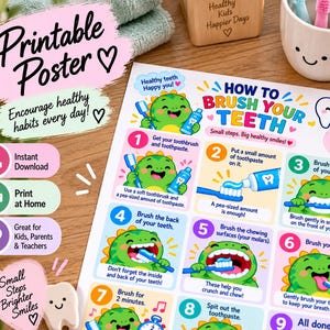 Op de afbeelding: Een printbare poster getiteld How to Brush Your Teeth met een groene cartoon dinosaurus. De poster toont negen genummerde stappen met illustraties en tekstinstructies voor mondhygiëne, inclusief het poetsen van tanden en de tong.