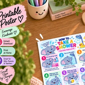 Op de afbeelding: Een printbare poster met de titel How to Take a Shower met een cartoonolifant en zes genummerde stappen met instructies. De poster bevat kleurrijke afbeeldingen van een douchekop, een badeendje en zeepbellen met tekst over hygiëne.