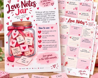 Love Notes Jar Printable | 48 Romantic Love Note Cards | Couples Gift Idea | Anniversary Valentine DIY Jar | 5 Page A4 PDF