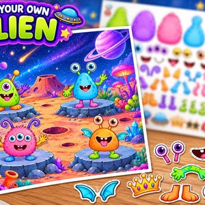 Puede incluir: Un set de actividades Build Your Own Alien con un paisaje espacial colorido, cuatro alienígenas de dibujos animados sobre plataformas rocosas, una hoja de pegatinas de dos páginas con partes del cuerpo y piezas recortadas de ojos, bocas y accesorios.