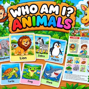 Op de afbeelding: Een Who Am I? Animals kaartspelset met een kleurrijke koptekst, een set geïllustreerde dierenkaarten waaronder een leeuw, zebra en aap, en een instructieblad met spelregels, voorbeeldvragen en tips voor het spelen van het spel.