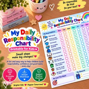 Op de afbeelding: Een printbare dagelijkse verantwoordelijkheidskaart voor kinderen met een kleurrijke regenboogkop, een takenlijst met iconen en selectievakjes voor elke dag van de week. De kaart bevat tekst zoals My Daily Responsibility Chart, Small steps make big changes en My Goal This Week, naast secties voor beloningen en het bijhouden van positieve gewoontes.
