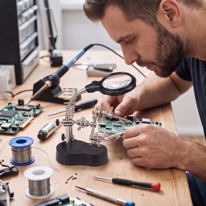 May include: A black soldering helping hand tool with a magnifying glass, adjustable metal arms, and alligator clips, positioned on a wooden workbench alongside spools of solder, screwdrivers, and electronic circuit boards for repair work.