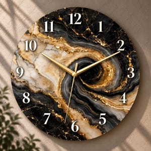 May include: A round wall clock featuring a swirling black, white, and gold marble pattern on the face. The clock has large white Arabic numerals from 1 to 12 and thin, gold-colored hour, minute, and second hands centered on the dial.