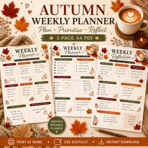 Autumn Weekly Planner Printable, A4 Undated Planner, Habit Tracker, Weekly Reflection, Fall Planner, Digital PDF