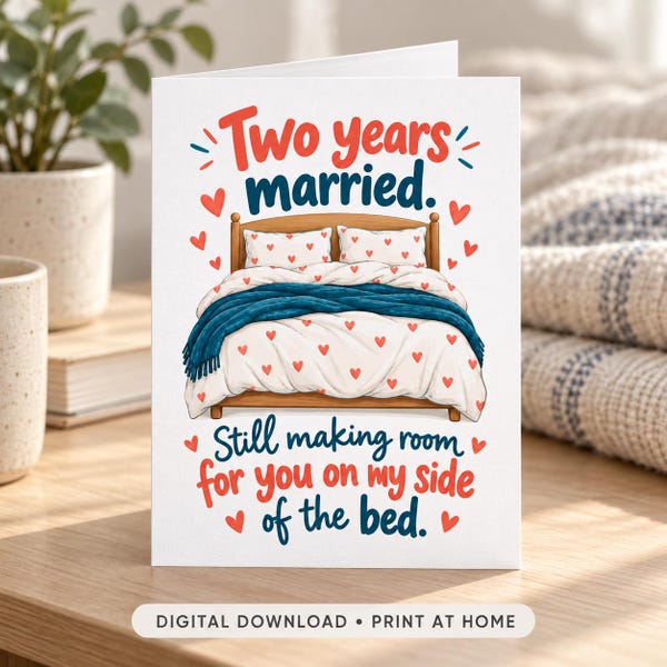 Funny 2nd Anniversary Card Printable, Bed Space Joke, A6 PDF and Phone Ecard