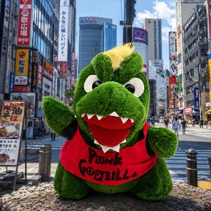 Könnte beinhalten: Ein grünes Plüschmonster mit gelbem Irokesenschnitt, großen weißen Augen und einem roten T-Shirt mit dem schwarzen Schriftzug Punk Godzilla. Die Kreatur hat ein weit geöffnetes Maul mit weißen Zähnen und steht auf einer Straße mit Hochhäusern.