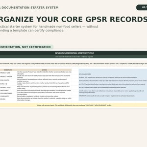May include: A digital document titled GPSR DOCUMENTATION STARTER SYSTEM with a dark green header, a light blue table section outlining workflow steps like product gate and risk analysis, and a yellow footer note about user inputs.