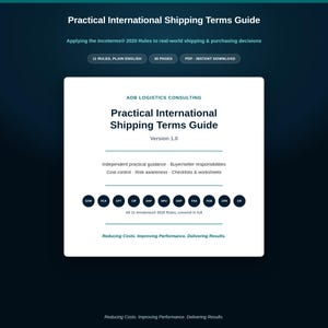 Könnte beinhalten: Ein digitales Dokument mit dem Titel Practical International Shipping Terms Guide von ADB Logistics Consulting. Es behandelt 11 Incoterms 2020-Regeln, Verantwortlichkeiten von Käufer und Verkäufer, Kostenkontrolle, Risiken, Checklisten und Arbeitsblätter.