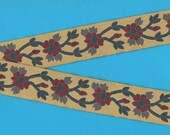 FLORAL G-03 Jacquard Ribbon Trim, Poly, 1-1 4 quot Wide, Victorian, Tan Background w Burgundy Flowers, Gray Leaves, Teal Vines