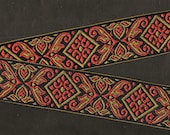 FLORAL H-49-A Jacquard Ribbon Polyester, 1-1 2 quot Wide (38mm) Black Background w Olive Green Rust Diamond Celtic Motif and Scrolls, Per Yard
