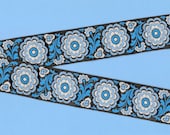 VINTAGE FLORAL G-14 Jacquard Ribbon Trim Rayon 1-1 4 quot Wide Black Background w Variegated Blue Flowers White Accents Priced Per Yard