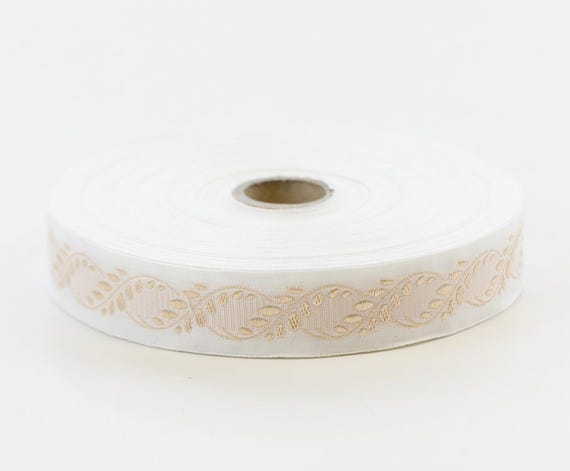 KAFKA D-18/02 Jacquard Ribbon Organic Cotton Trim 3/4" wide (20mm) White w/Ivory Leaves