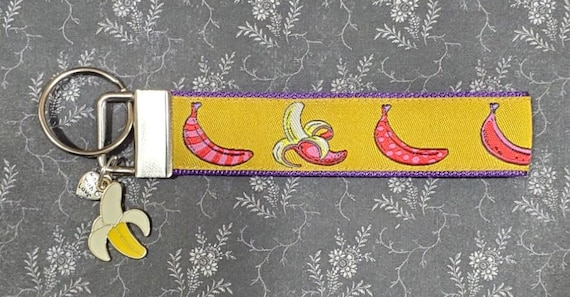 Jacquard Ribbon/Nylon Web 1" wide (25mm) Key Fobs, Pink Bananas on Yellow w/Charms, Wristlet, Luggage Tags 5.5" long, GA Savannah Bananas