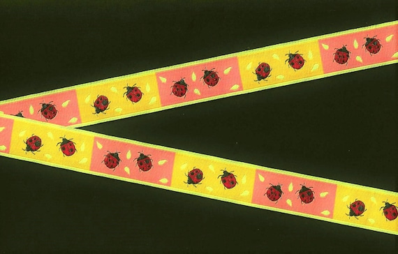INSECTS E-08-A Jacquard Ribbon Poly Trim 7/8" wide (22mm) Neon Pink & Orange w/Red Ladybugs