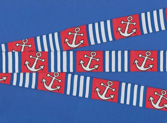 SPORTS/Nautical E-01-A Jacquard Ribbon Polyester Trim 7/8" wide (22mm) Blue Stripes, Red & White "Anchors Aweigh!" Nautical, Sailing