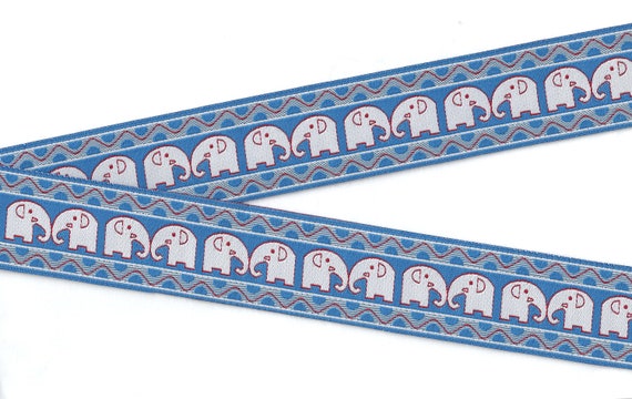 ANIMALS/Wildlife G-04-B Jacquard Ribbon Poly Trim 1-1/4" Wide (32mm) Blue with Gray Elephants, Red Accents, Blue Polka Dots