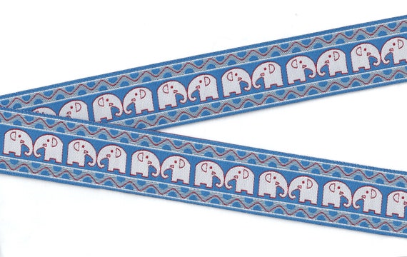 ANIMALS/Wildlife G-04-B Jacquard Ribbon Poly Trim 1-1/4" wide (32mm) Blue w/Gray Elephants, Red Accents