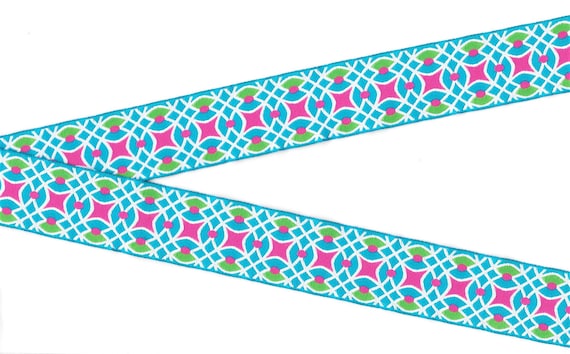 GEOMETRIC G-26-A Jacquard Ribbon Poly Trim 1-1/8" wide (28mm) Turquoise w/Pink, Apple Green & White Lattice Design, Per Yard