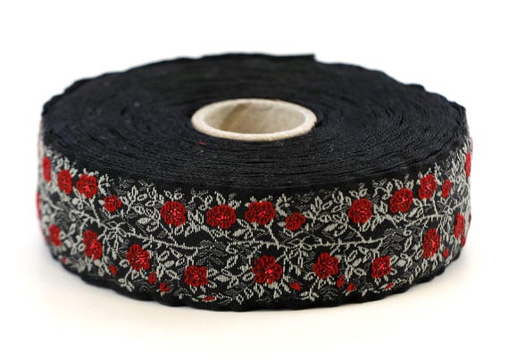 KAFKA F-02/06 Jacquard Ribbon Woven Organic Cotton Trim 1" wide (25mm) Black w/Iridescent Red Wild Roses, 2-Tone Gray Stems/Vines